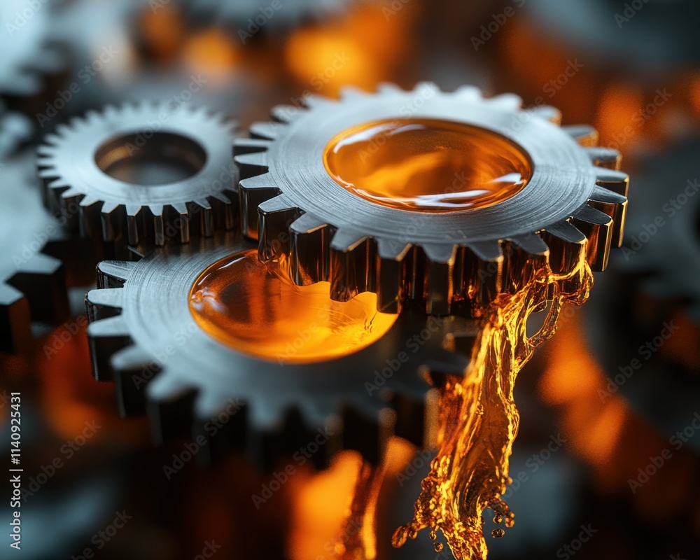 Poster close-up of metallic gears with a glowing amber liquid flowing between them, creating a dynamic indu