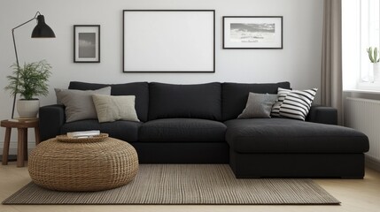 Modern Living Room Interior Design with Black Sectional Sofa and Wicker Ottoman