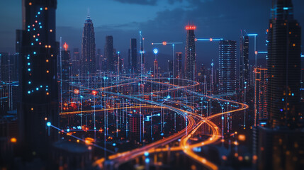 Fototapeta premium Smart digital city with connection cyber security network reciprocity over the cityscape . future smart wireless digital city and social media networking systems that connects people within the city