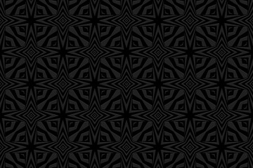 Black geometric background, tribal cover design, banner. Stylish 3D pattern, embossing. Textured relief ornaments, arabesques, mandala of the East, Asia, India, Mexico, Aztec, Peru. Ethnic print.