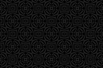 Black geometric background, tribal cover design, banner. Decorative 3D pattern, embossing. Textured relief ornaments, arabesques, mandala of the East, Asia, India, Mexico, Aztec, Peru. Ethnic print.