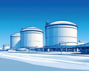 A series of large industrial storage tanks against a clear blue sky, showcasing a modern energy facility.