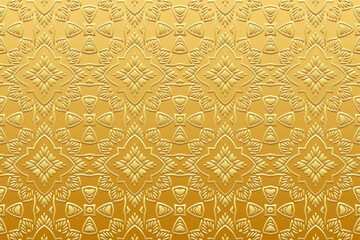 Exotic gold background, cover design, banner. Geometric gold 3D pattern, embossing. Textured relief ornaments, arabesques, mandala of the East, Asia, India, Mexico, Aztec, Peru. Ethnic print.