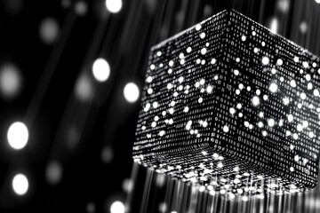 Floating 3D cube composed of glowing dots and data lines in a black and white cyber space representing blockchain technology