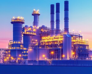 Fototapeta premium Illuminated industrial power plant at dusk, showcasing modern architecture and energy production.