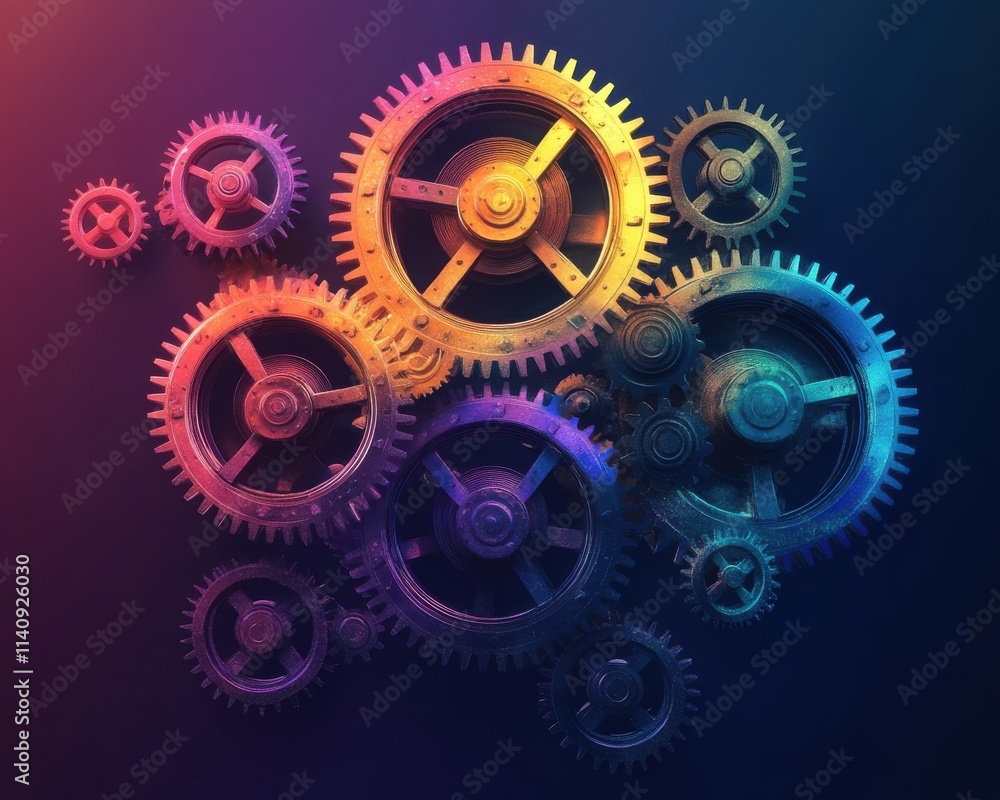 Poster colorful array of interlocking gears displaying a blend of vintage and modern design.