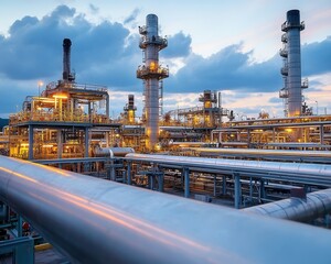 Fototapeta premium Industrial landscape showcasing an oil refinery with towering structures and illuminated pipes at dusk.