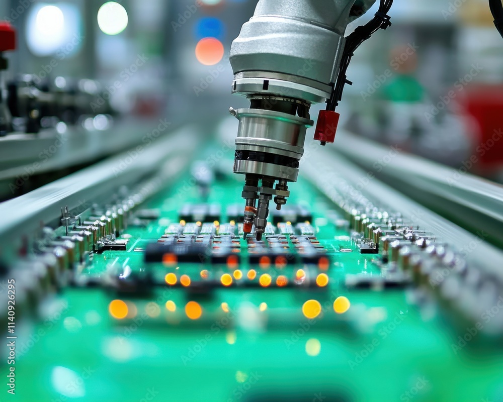 Poster a close-up of a robotic arm assembling electronic components on a circuit board, showcasing precisio