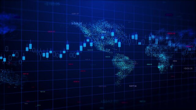 3D Futuristic World Digital finance stock exchange market crypto currency digital indicators, world map abstract background. Forex Trading Investor, Financial Analyst Stock Market Chart AI trading