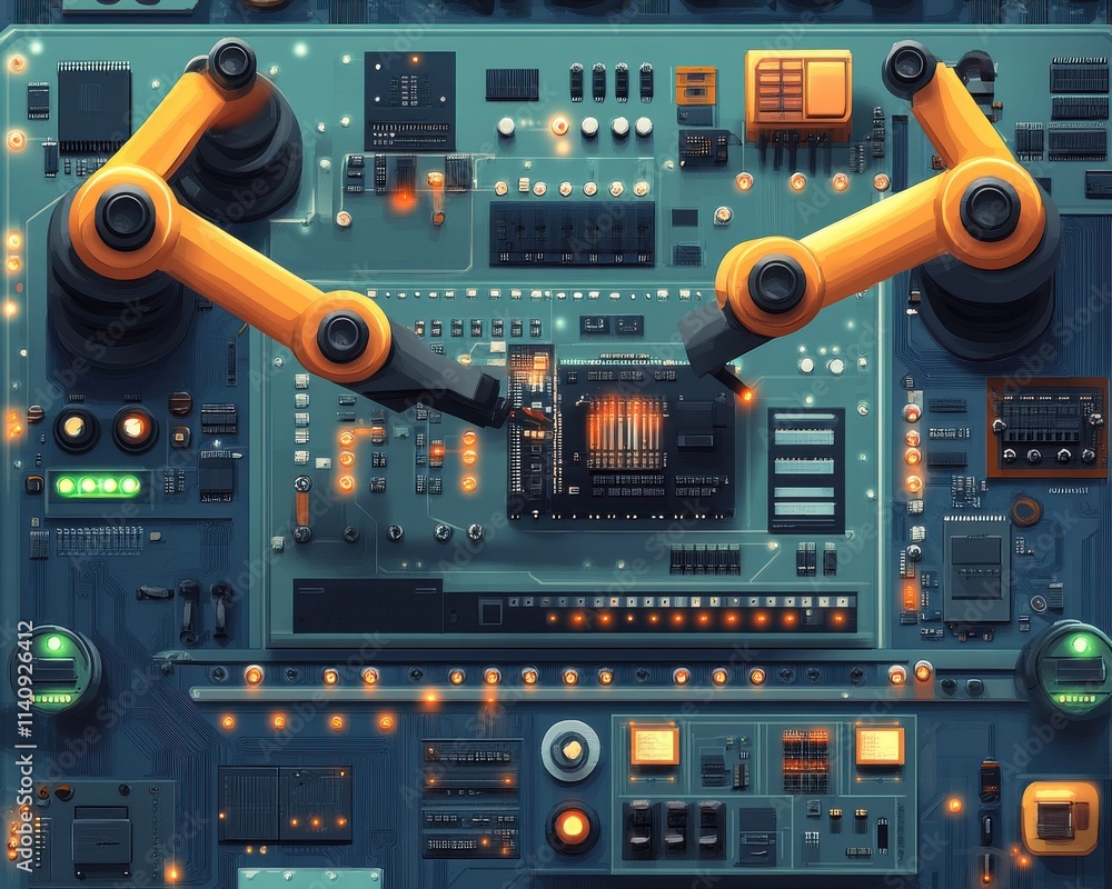 Poster an intricate close-up of a robotic arm interacting with a circuit board, showcasing advanced technol