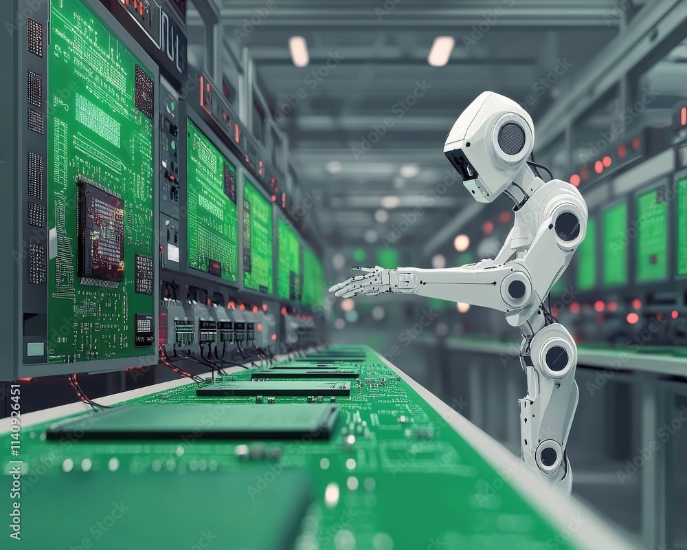 Poster a humanoid robot working in a high-tech environment filled with green circuit boards.