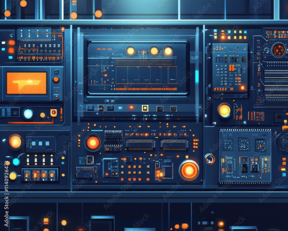 Poster an abstract close-up of a futuristic control panel featuring illuminated buttons and intricate circu