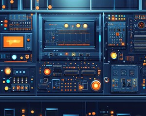 Obraz premium An abstract close-up of a futuristic control panel featuring illuminated buttons and intricate circuitry.