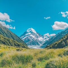 Fototapeta premium Scenic mountain landscape with snow-capped peaks and lush greenery.