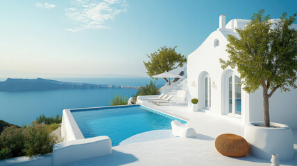 Traditional mediterranean white house with pool on hill with stunning sea view. Summer vacation background. Created with generative Ai