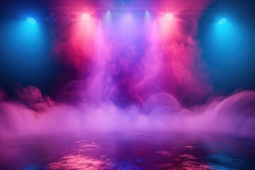 Spotlight Concept. Stage with Fog, Colored Lights for Logo and Product Presentation