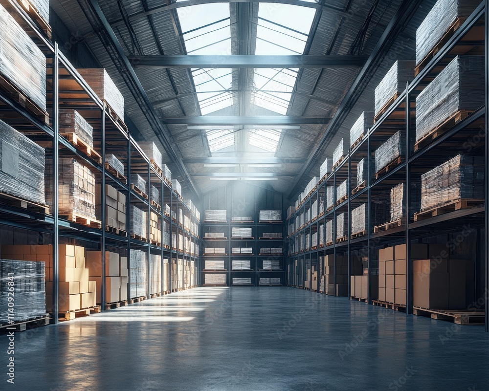 Poster spacious and well-lit warehouse filled with neatly stacked boxes and pallets, creating an organized 