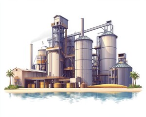 Obraz premium A modern industrial facility depicting silos and equipment near a tranquil water body, highlighting a blend of nature and industry.