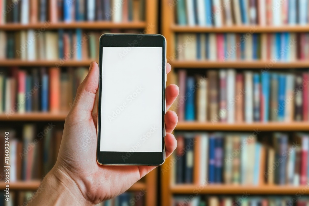 Poster A close-up of a hand holding a smartphone displaying a blank screen, against a backdrop of books, symbolizing the intersection of technology and knowledge in the modern age.
