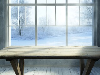 Wooden Table by Snowy Winter Window View