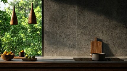  A kitchen counter holds a bowl of fruit and a cutting board with a knife and more fruit