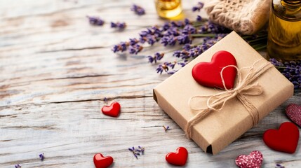 valentines spa gift package, a close-up of a gorgeously wrapped valentines day spa gift card, next to oils, lavender sachets, and heart decorations