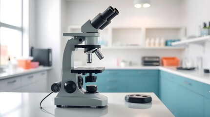 classic black and white of a modern microscope on a laboratory table in a bright, sterile lab environment. 