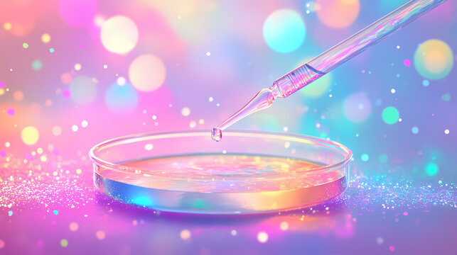 Pipette dispensing liquid into a petri dish with a colorful holographic backdrop featuring iridescent highlights and a dreamy bokeh effect. Dreamy. Illustration