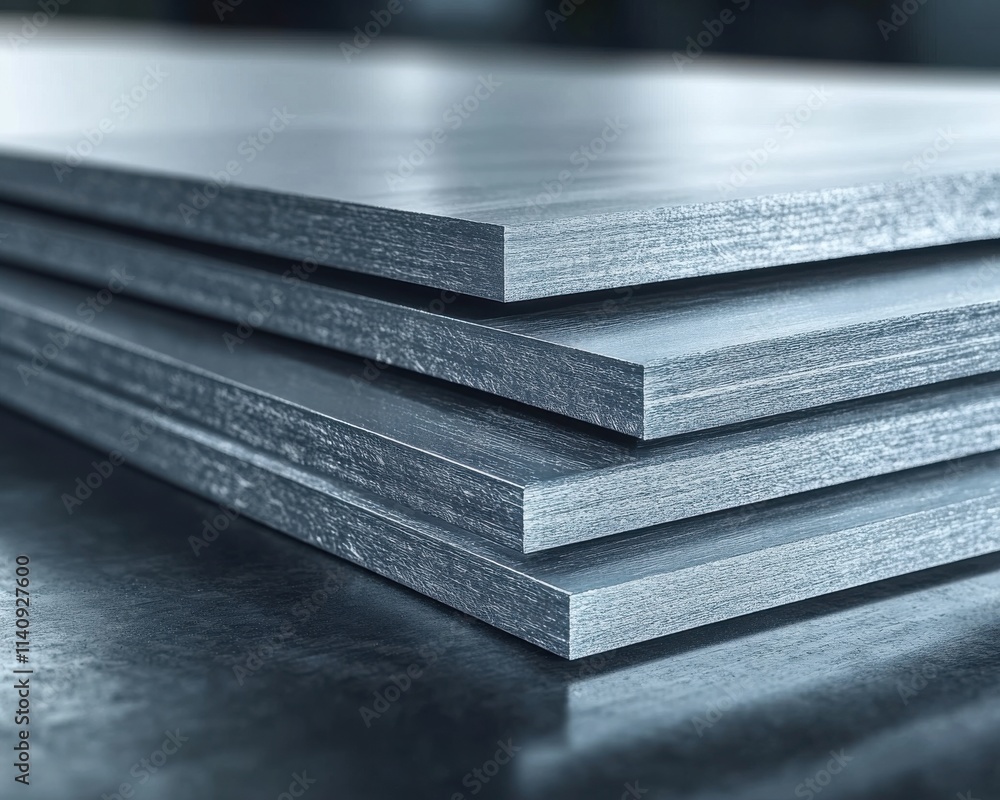 Poster close-up of stacked metallic sheets with a shiny, brushed finish, showcasing depth and texture.