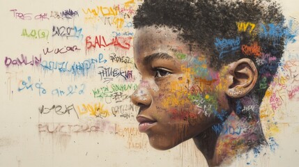 urban street art, empowering portrayal of black youth in vibrant graffiti-filled alleys, showcasing resilience and uniqueness alongside messages of change for black history month