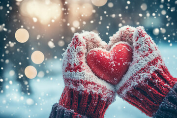 Womans hands in knitted mittens hold red heart. Romantic, love, winter concept. Valentine day background. Copy space, banner, poster, postcard
