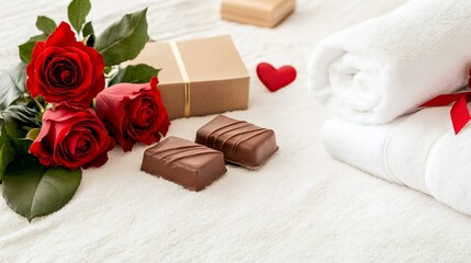 valentines spa package, tranquil spa bed with soft towels, roses, and chocolates, embodying a luxurious valentines day gift experience