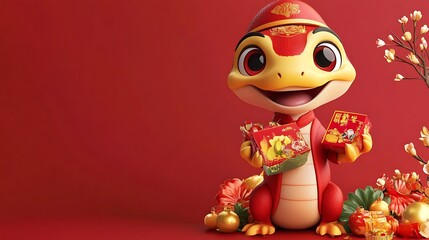Obraz premium Cute lizard character celebrating chinese new year with traditional gifts
