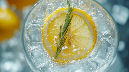 Refreshing lemon cocktail with ice and rosemary garnish.