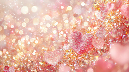 Glittering pink and gold hearts with soft bokeh lights create dreamy atmosphere
