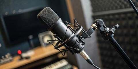 Microphone in a studio, theme of voice record and podcast. 