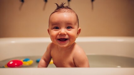 a baby with a big smile while having bath time