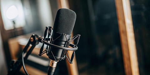 Microphone in a studio, theme of voice record and podcast. 