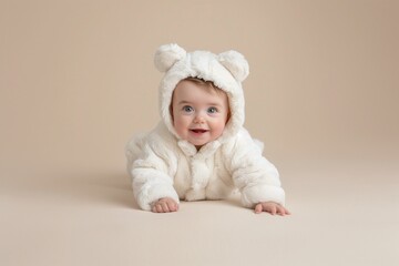 Cute baby in fluffy teddy bear suit, warm beige backdrop, crawling infant portrait, soft neutral tones, cozy childhood moment, minimalistic design, close-up shot

