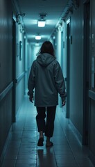 Person walking barefoot down dimly lit hallway at night