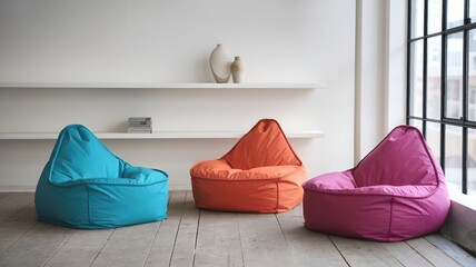 a modern loft space with colorful bean bags