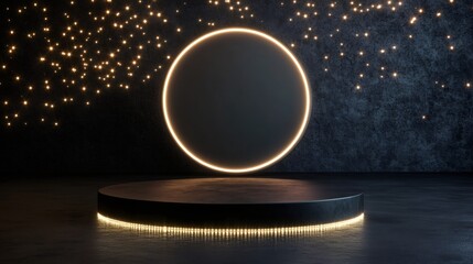 Obraz premium product showcase, modern podium with led ring, empty central space for product display, set against dark tech backdrop for futuristic vibe