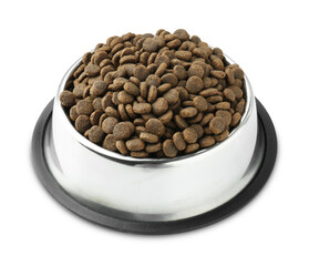 Dry pet food granules in feeding bowl isolated on white