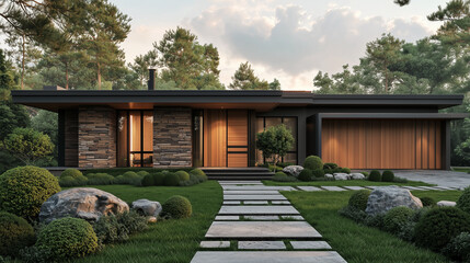 Fototapeta premium Single store Modern luxury home with beautiful landscaping