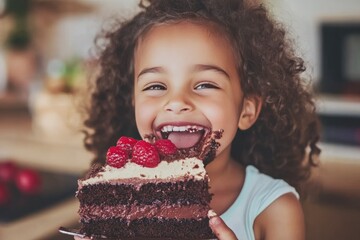 Joyful Child Enjoying a Slice of Chocolate Cake Topped with Fresh Raspberries