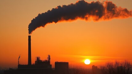 Fototapeta premium Industrial Chimney Emitting Smoke Against a Vibrant Sunset Sky