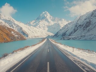 Scenic road leading to snow-capped mountains and turquoise lake.