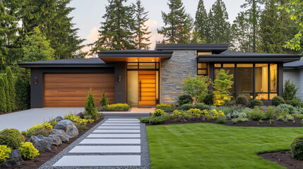 Fototapeta premium Single store Modern luxury home with beautiful landscaping