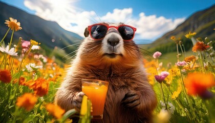 ground hog with a drink and sunglasses groundhog day
