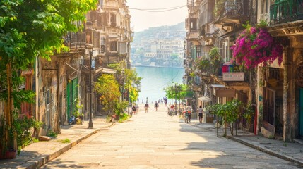 Obraz premium Scenic street view leading to a waterfront with lush greenery and flowers.